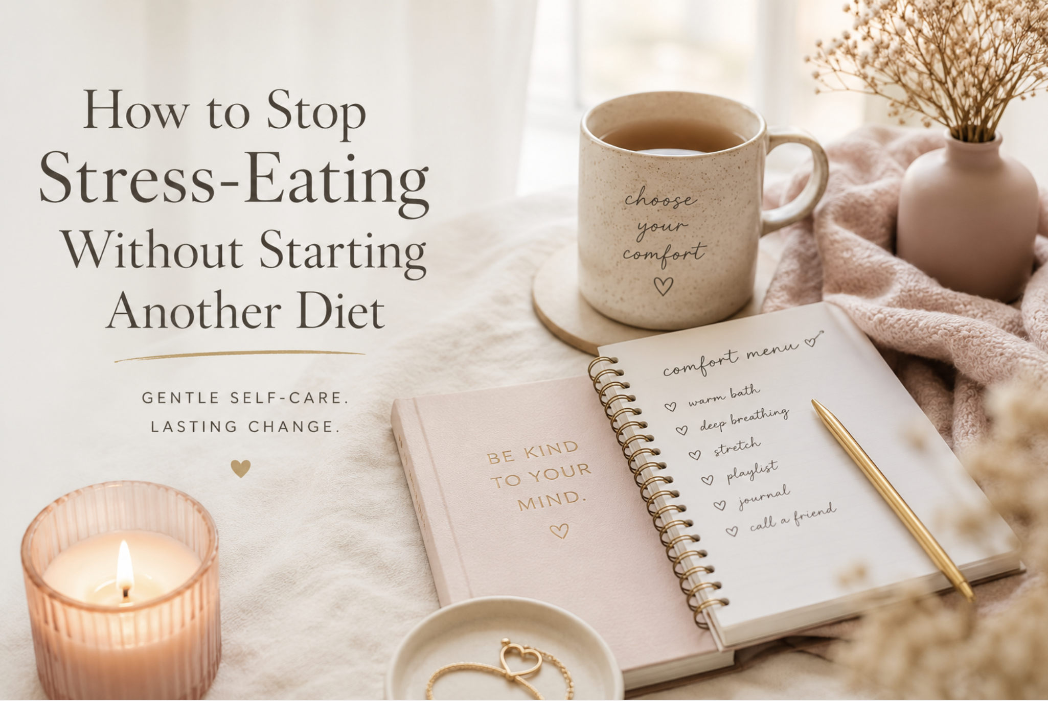 Cozy self-care scene with a journal, tea, and comfort menu illustrating gentle strategies to stop stress-eating without starting another diet.