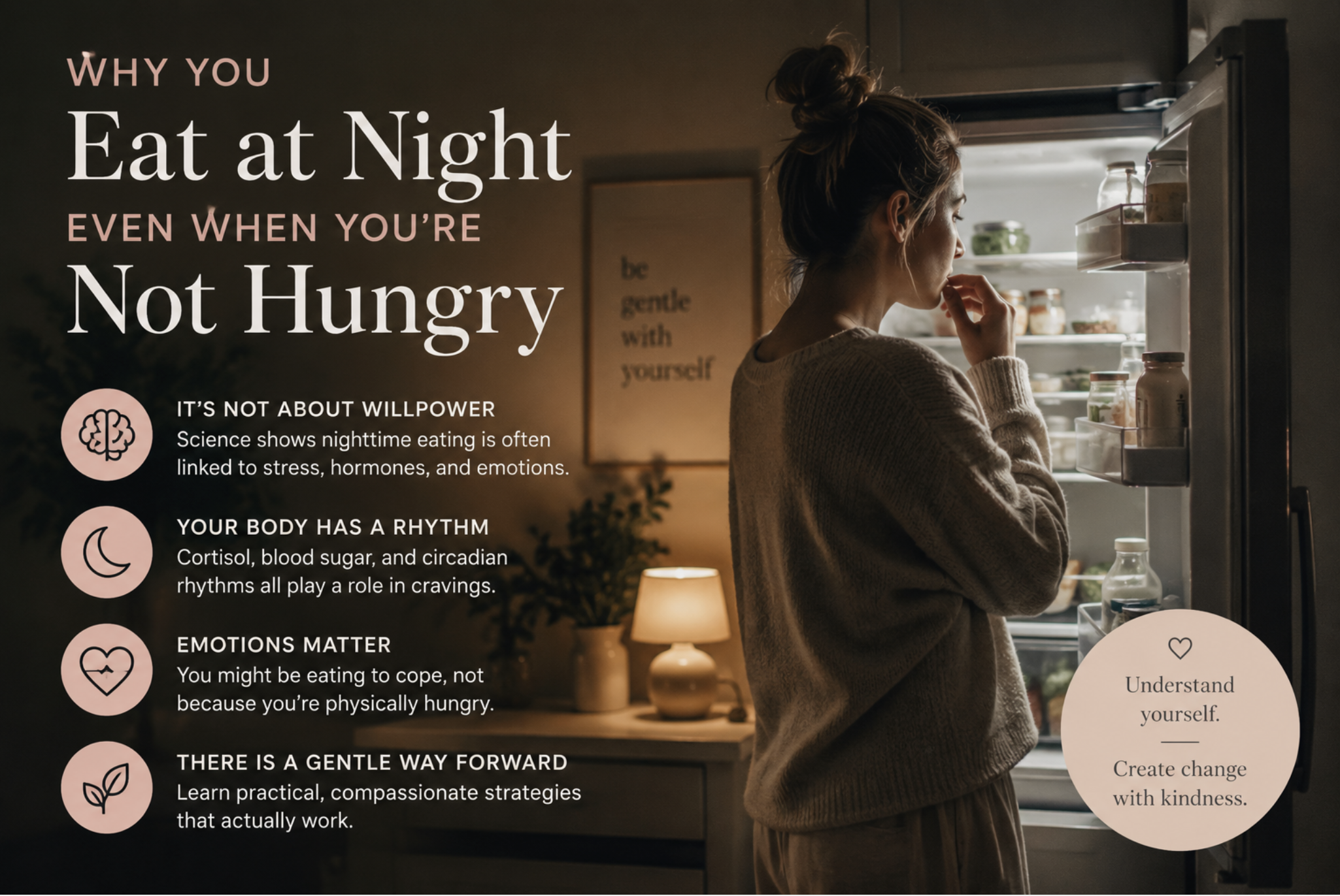 Woman standing in front of an open fridge at night, illustrating emotional eating, nighttime cravings, stress eating, and the psychology behind eating when not physically hungry.