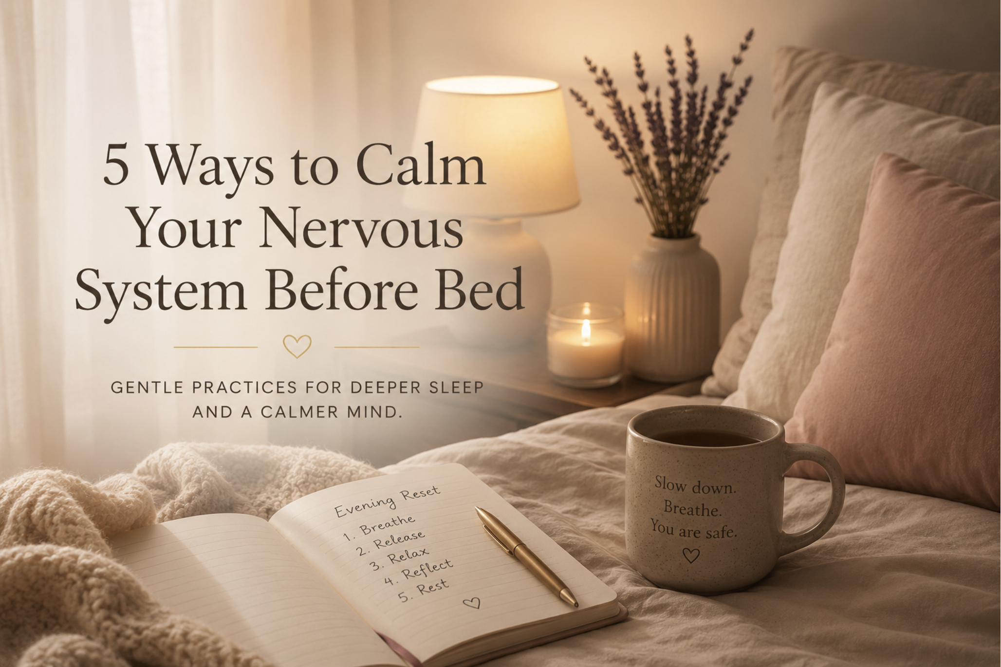 Woman creating a calming bedtime routine with journaling, herbal tea, and gentle evening rituals to calm the nervous system before sleep.