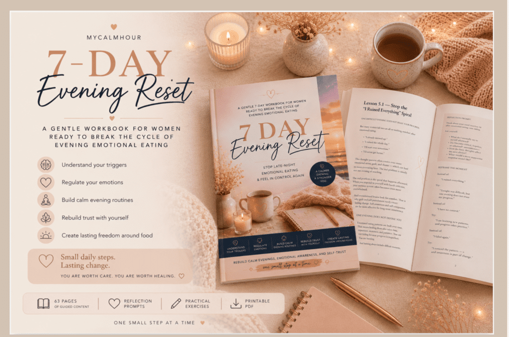 7-Day Evening Reset Workbook for women to overcome evening emotional eating with guided reflections, calming exercises and printable PDF pages.