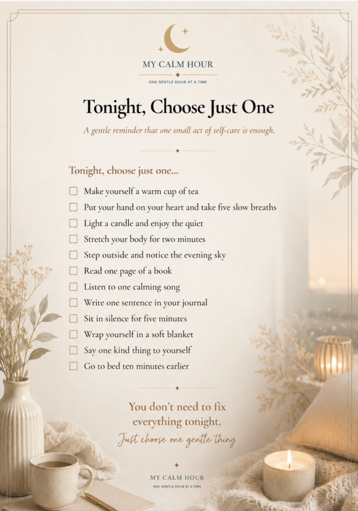 Free self-care printable featuring 12 gentle evening activities to support relaxation, emotional wellbeing, and a calming bedtime routine.