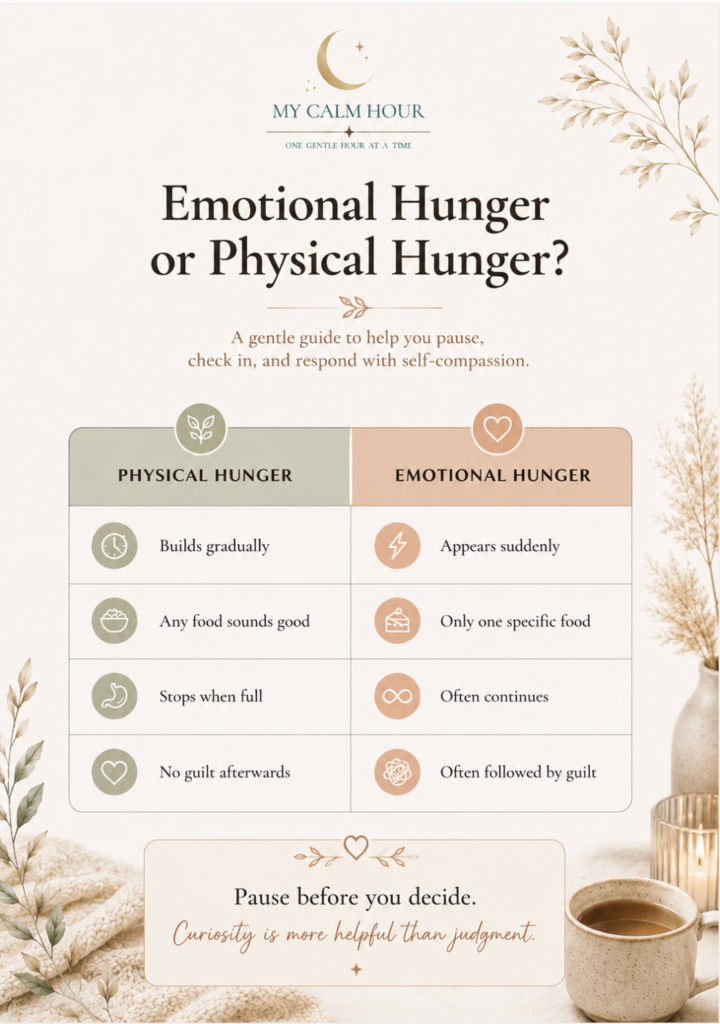Free Emotional Hunger vs Physical Hunger printable comparison chart to help recognize emotional eating patterns with self-compassion.