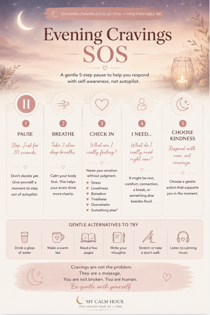 Free Evening Cravings SOS printable for emotional eating and nighttime cravings.