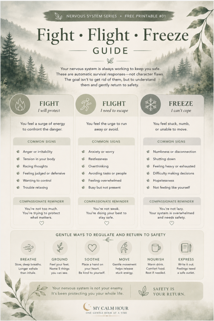Free Fight Flight Freeze Guide printable explaining nervous system stress responses and emotional regulation.