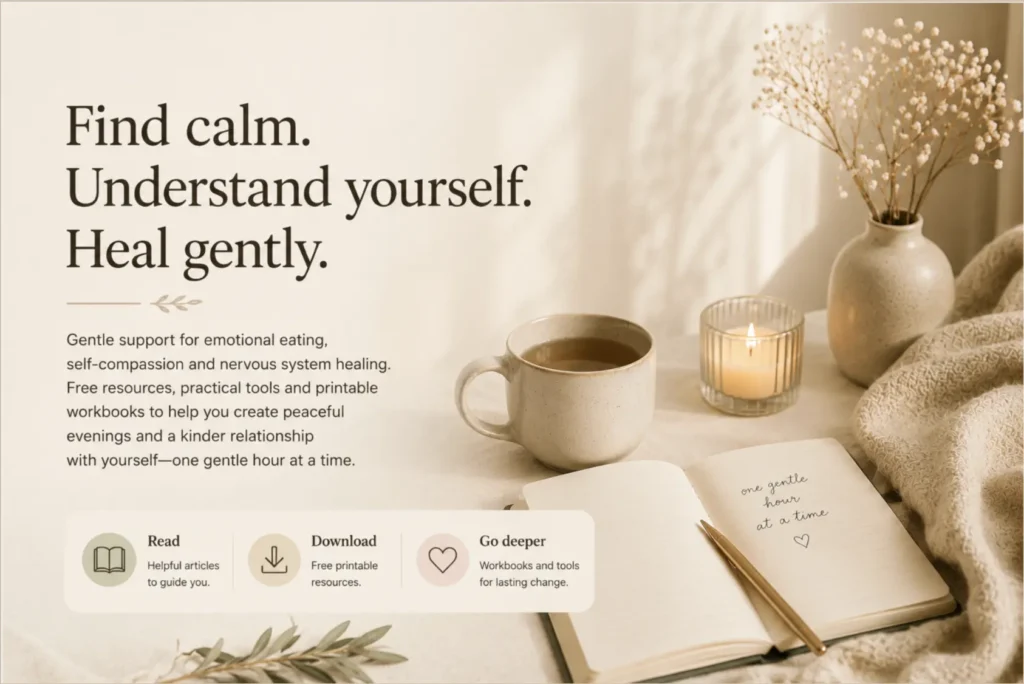 Calm self-care workspace with tea, journal and candle representing emotional healing, emotional eating recovery and gentle evening wellness