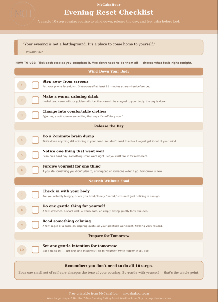 Free Evening Reset Checklist Vol. 2 printable PDF featuring a gentle 10-step evening routine for emotional wellbeing