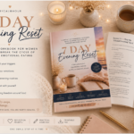 Hero image of the MyCalmHour 7-Day Evening Reset Workbook with an open workbook, candle, tea and cozy evening setting representing emotional eating recovery and calmer evening routines.