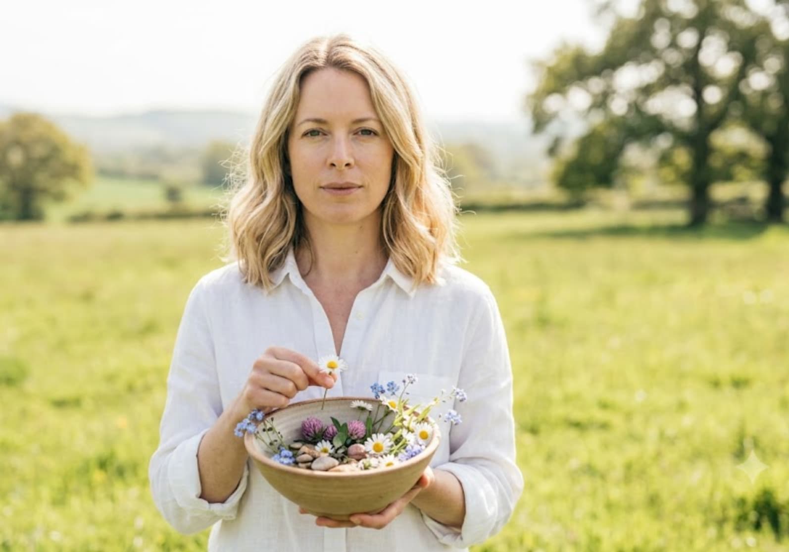 A blonde woman in a white shirt standing in a sunny meadow holding a bowl of wildflowers, looking calmly at the camera