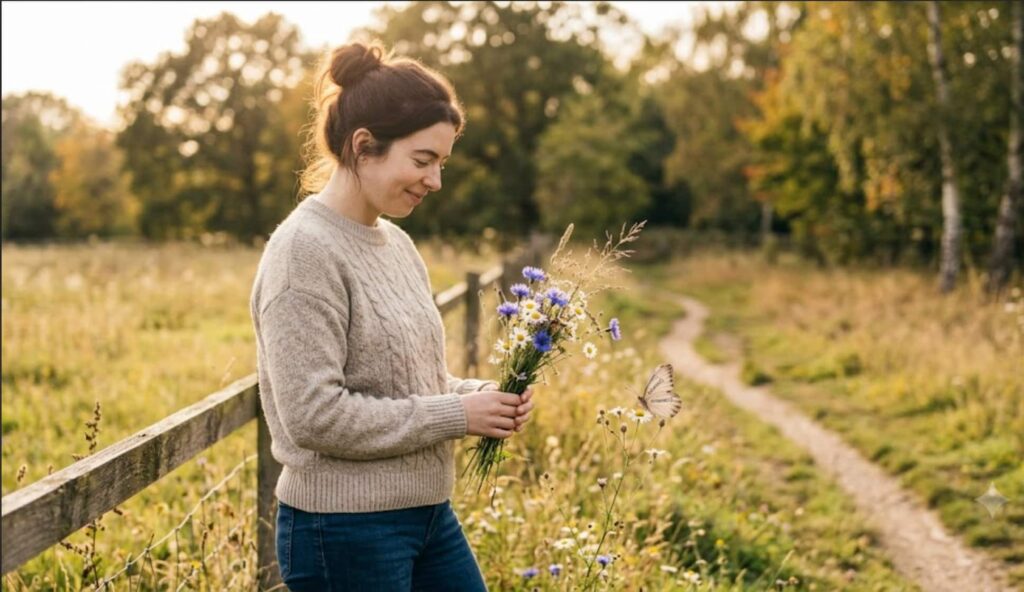 A serene woman standing in a meadow at golden hour holding wildflowers, smiling peacefully