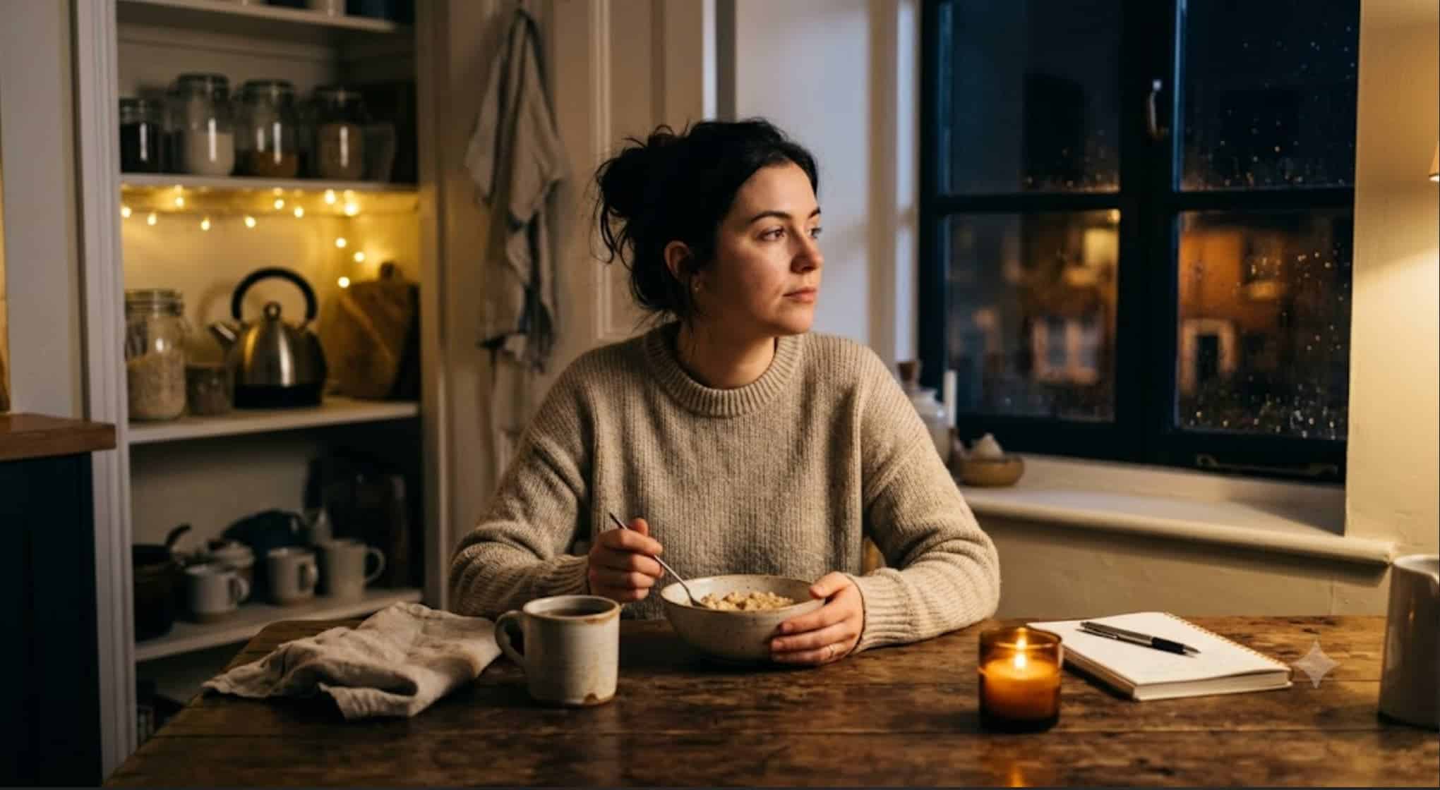 A woman sitting at a cozy kitchen table at night with a bowl, reflecting on evening emotional eating