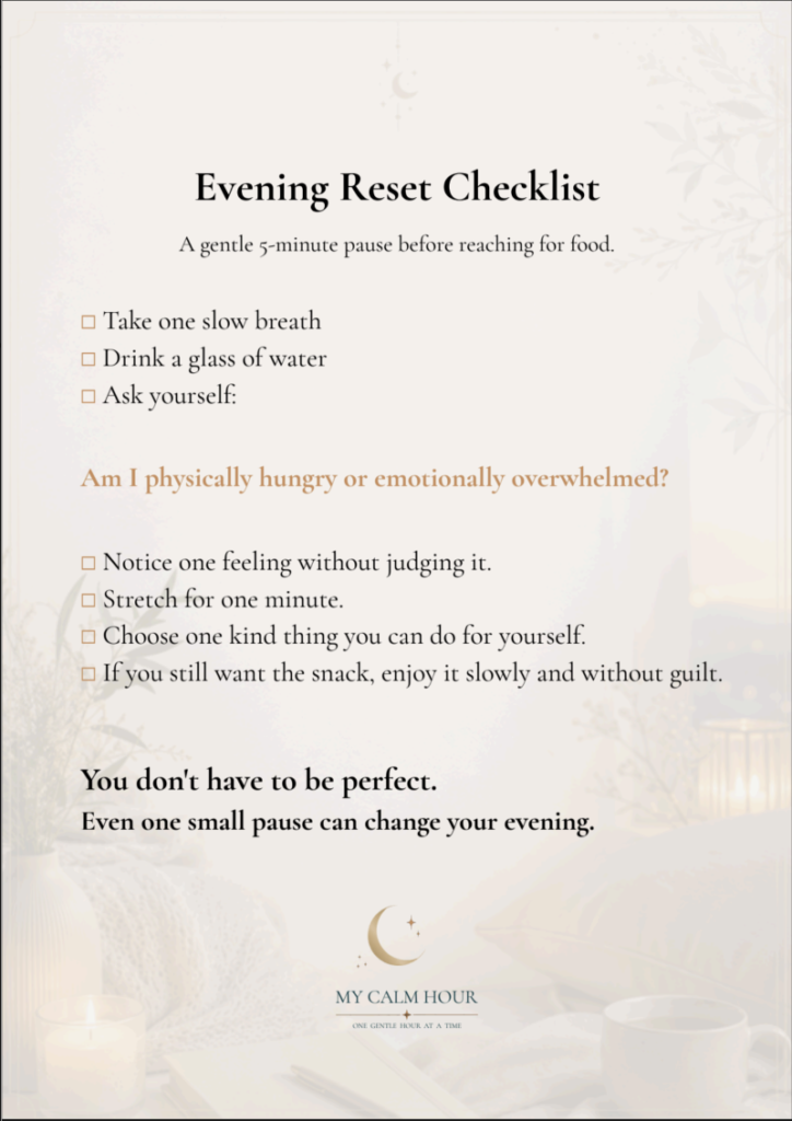 Free Evening Reset Checklist printable PDF to help reduce emotional eating and create a calming evening routine.