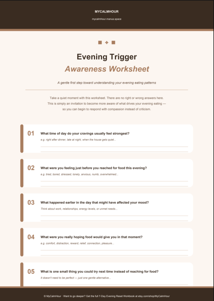 Free Evening Trigger Awareness Worksheet printable PDF for identifying emotional eating triggers and building self-awareness.