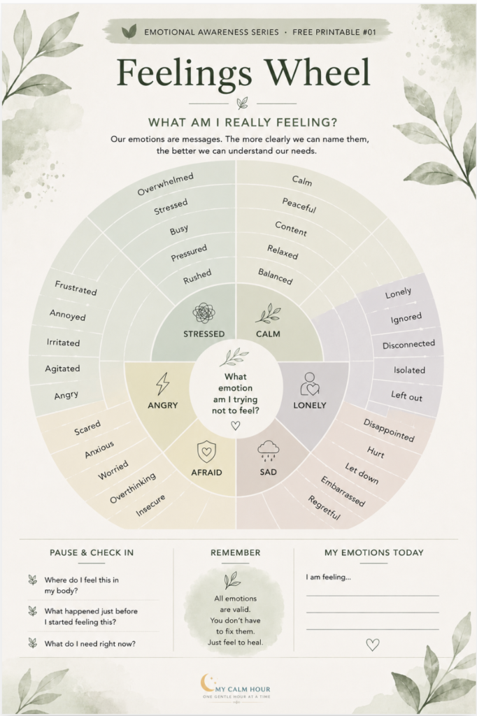 Feelings Wheel printable for emotional awareness and identifying emotions