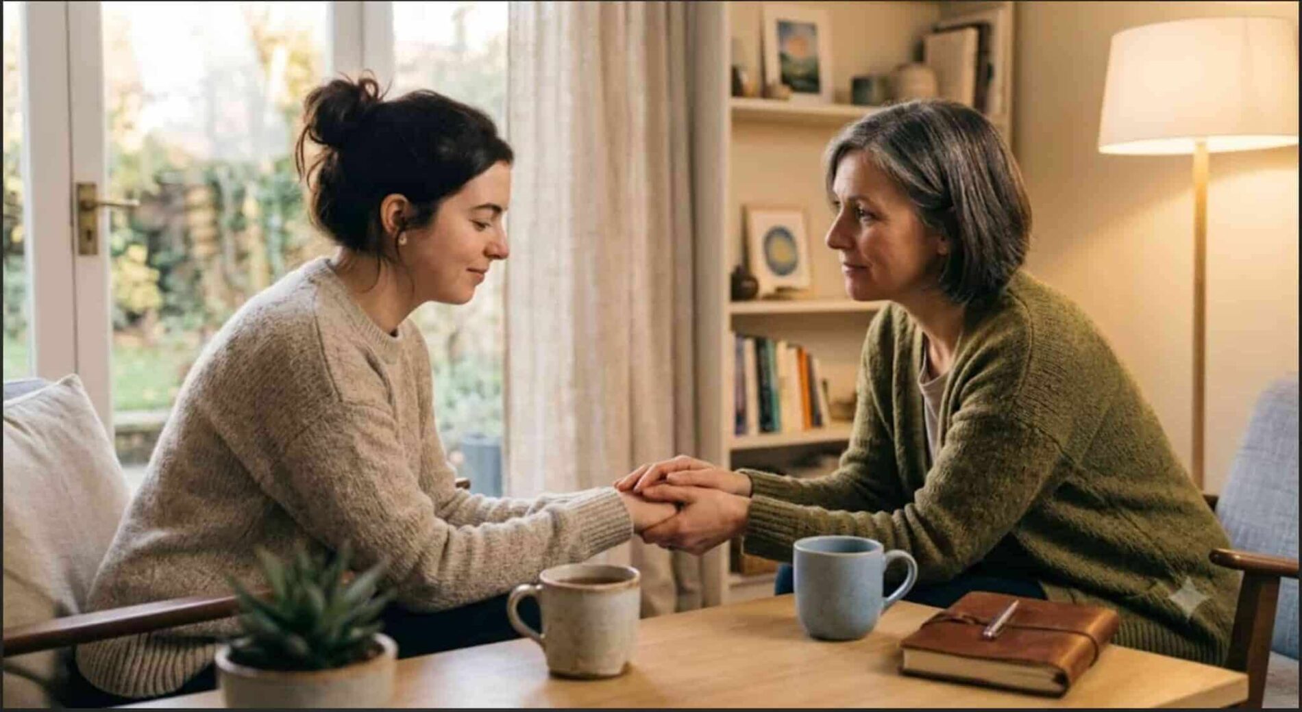 A woman receiving supportive guidance and holding hands with a professional in a warm, cozy room