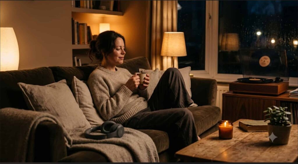 A woman relaxing on a cozy sofa in a softly lit living room with warm lamps, holding a mug and enjoying a peaceful evening