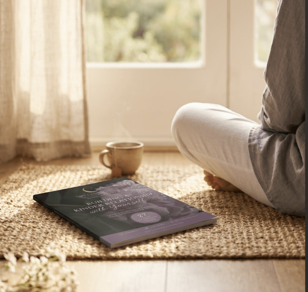 A peaceful lifestyle image featuring the Building a Kinder Relationship with Yourself self-compassion workbook by My Calm Hour beside a cup of tea, representing gentle journaling, emotional healing, and intentional self-care.