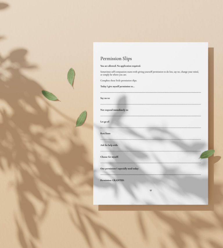 Permission Slips printable self-compassion worksheet from the Building a Kinder Relationship with Yourself workbook by My Calm Hour, designed to help you let go of guilt, rest without earning it, and practice healthy emotional boundaries.
