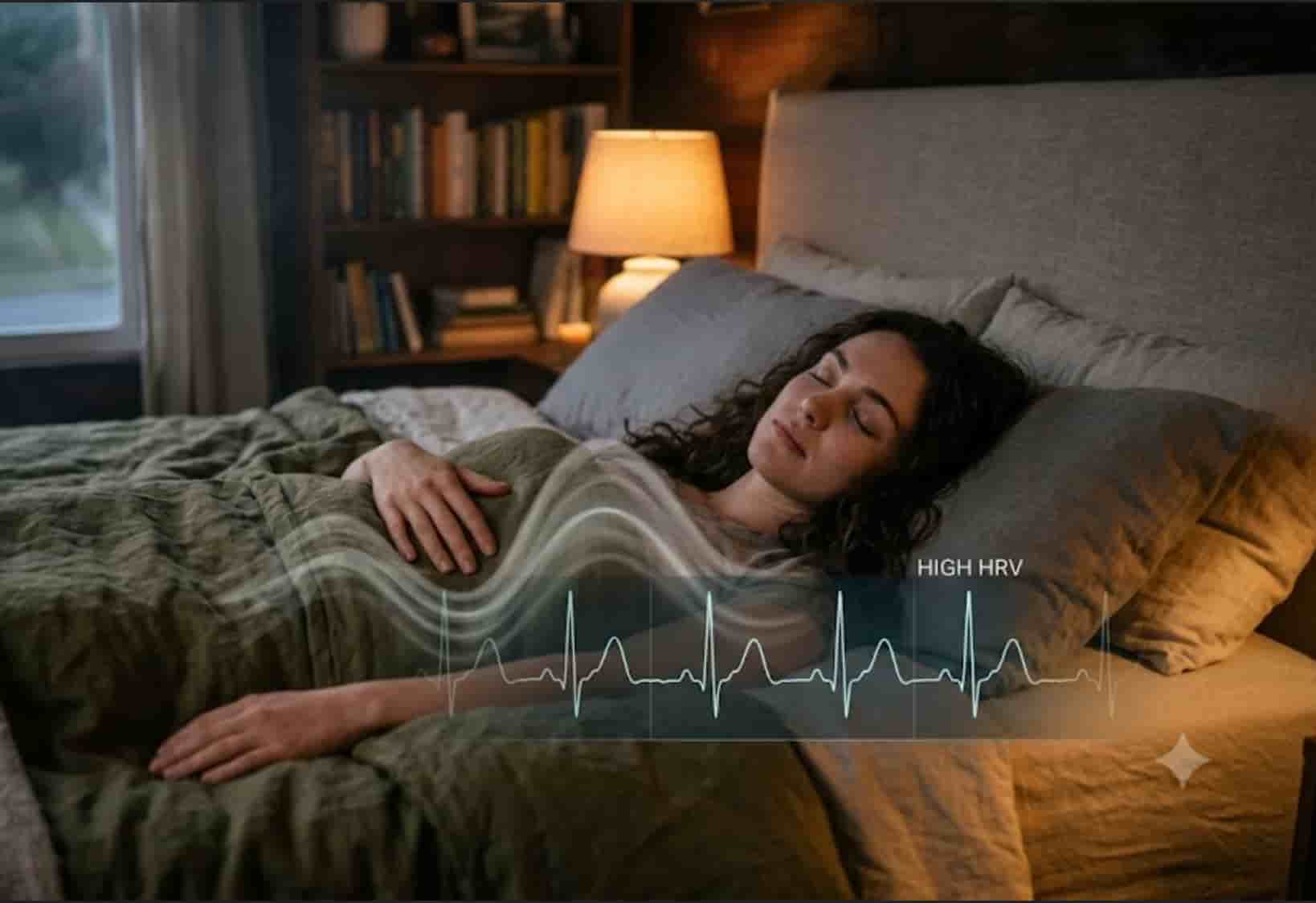 A woman sleeping peacefully in bed with a rhythmic breathing wave overlay depicting heart rate variability