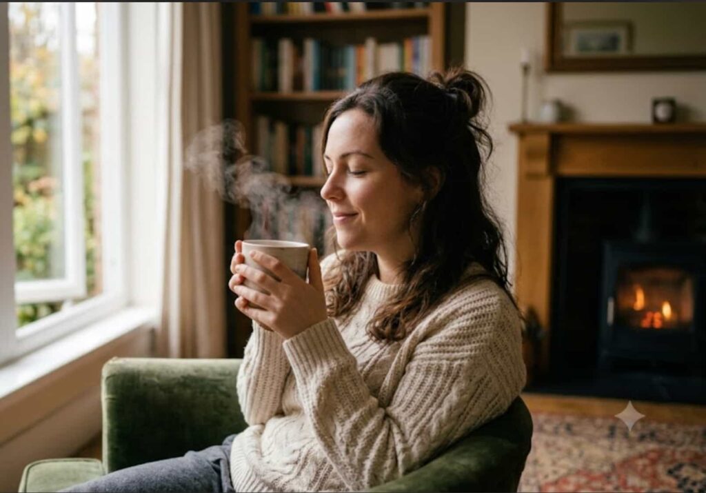 A woman sitting near an open window holding a steaming warm ceramic mug, inhaling fresh cool air in a cozy room
