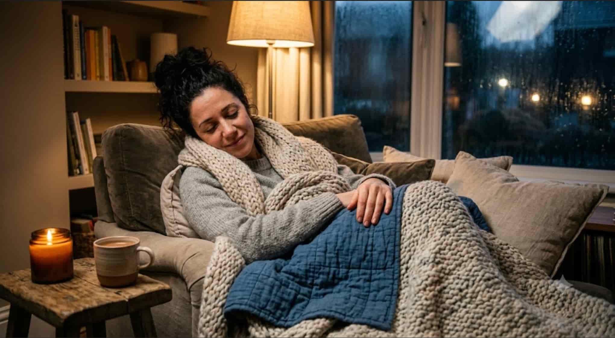 A woman resting peacefully on a armchair wrapped in a thick chunky knit blanket and weighted blanket