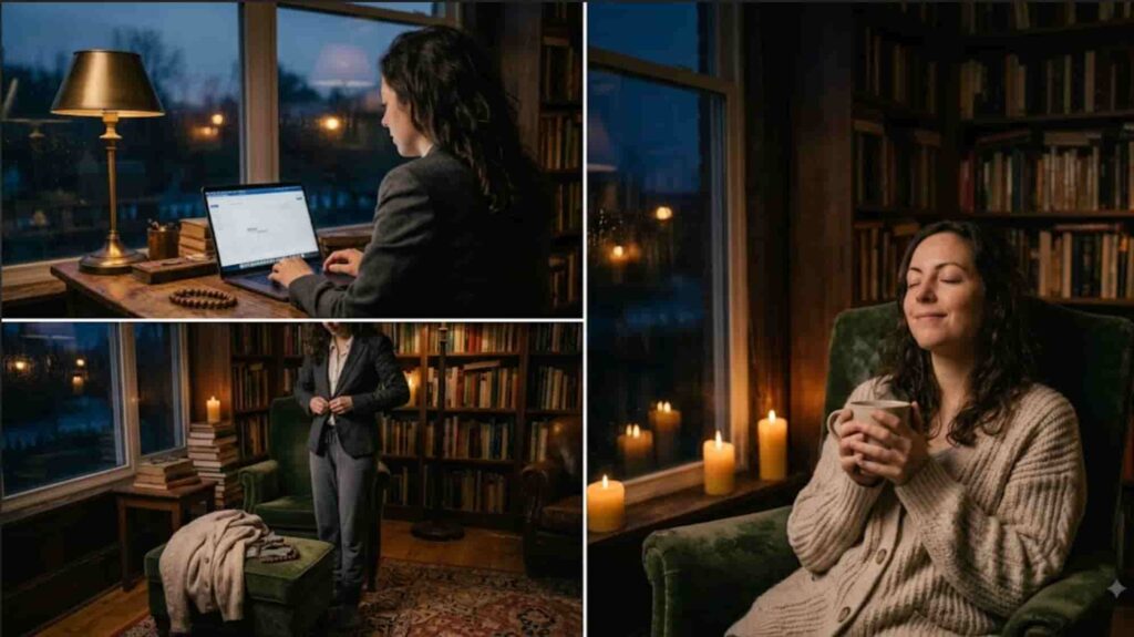 A multi-frame sequence of a woman transitioning from formal workwear to cozy soft clothing to signal the end of the workday