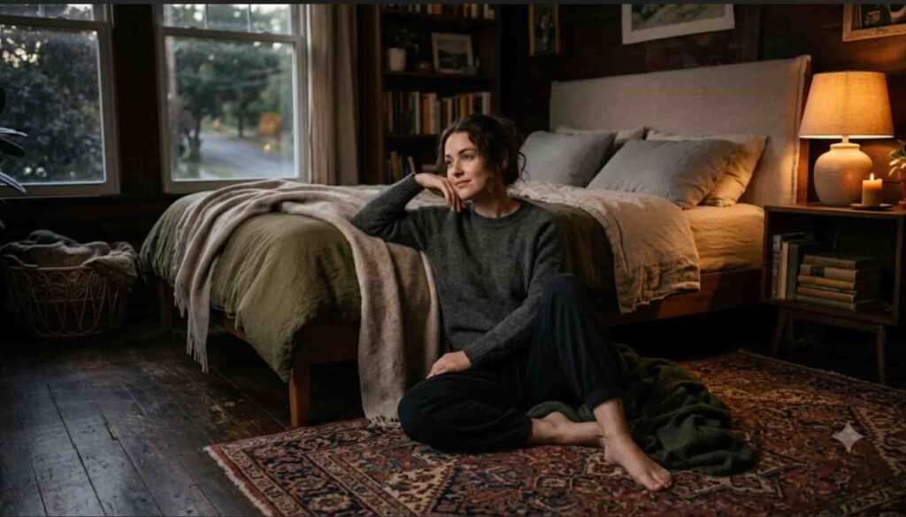 A woman sitting on a dark wooden floor next to a bed in a softly lit cozy bedroom resting her head thoughtfully