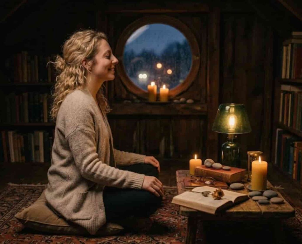 A blonde woman sitting in side profile meditating with a serene peaceful smile in a cozy rustic attic room with candles and bookshelves