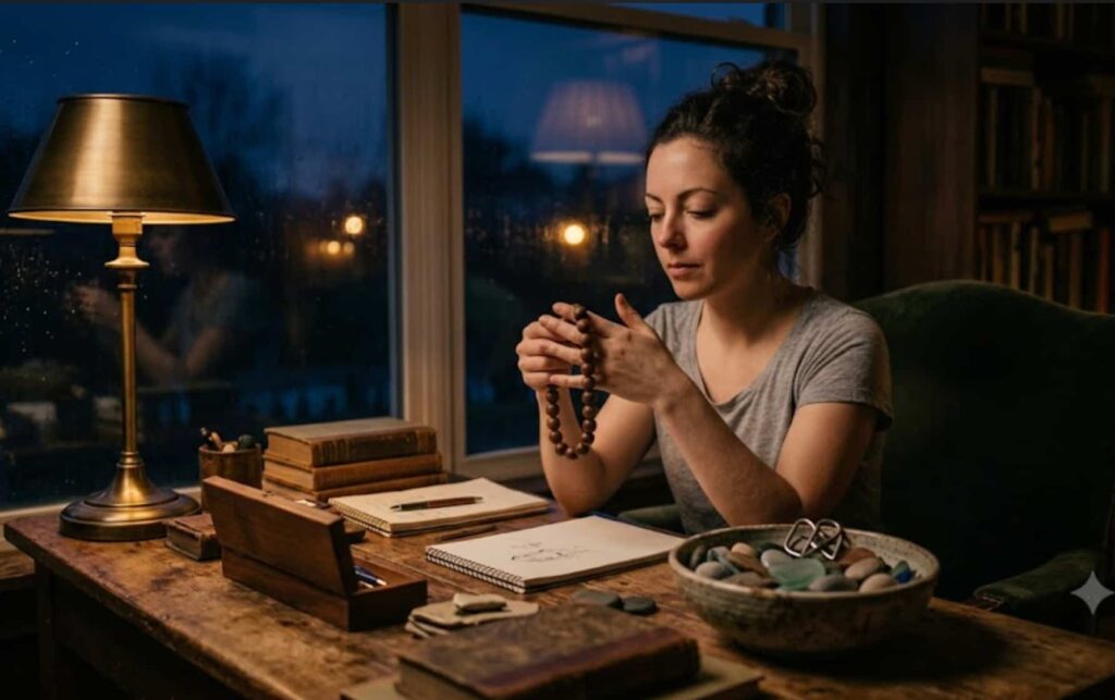 A woman sitting at a warm wooden desk holding smooth tactile beads to keep her hands busy and calm cravings