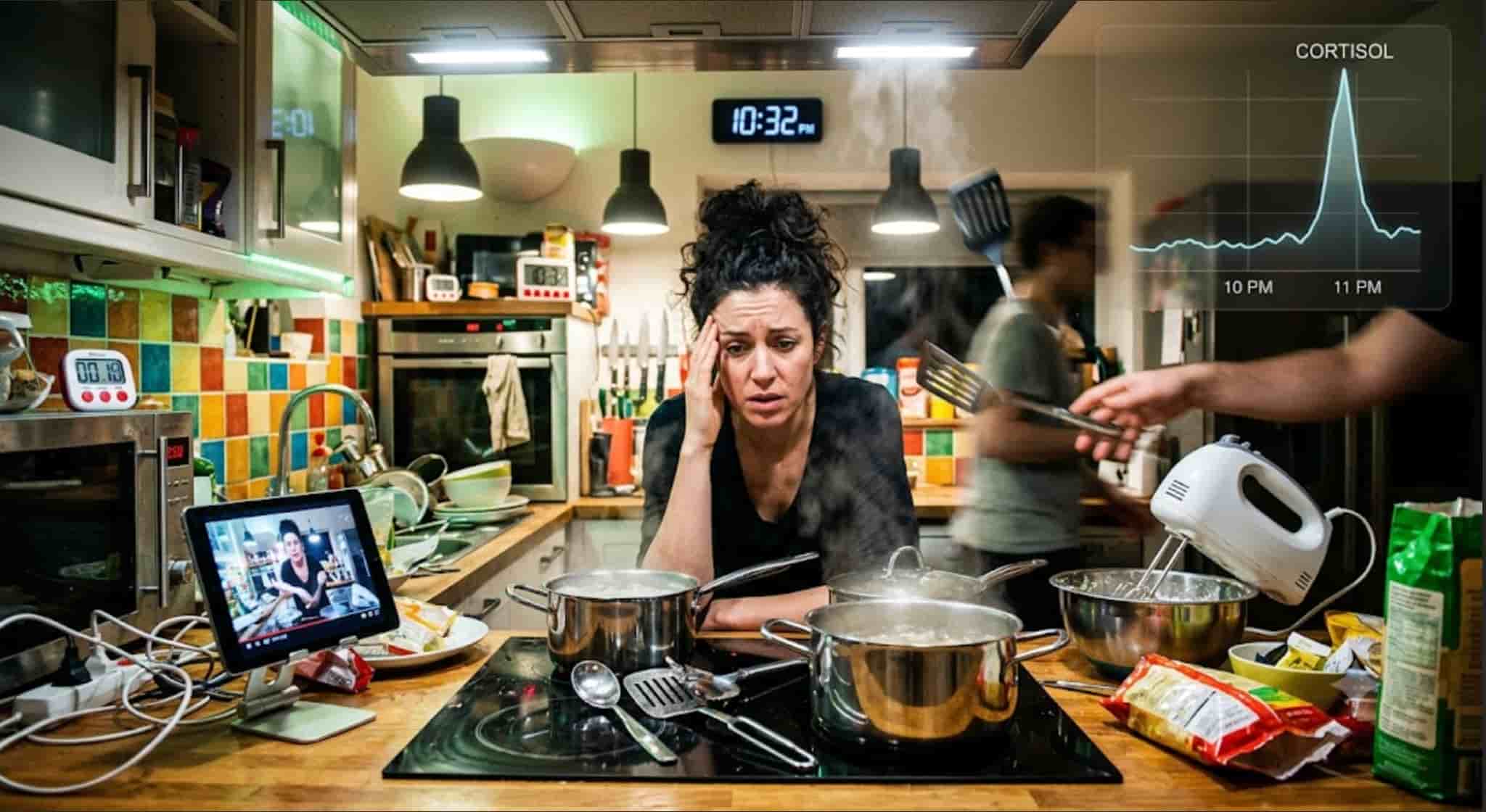 A stressed woman surrounded by clutter and bright lights in a busy kitchen late at night, showing sensory overload