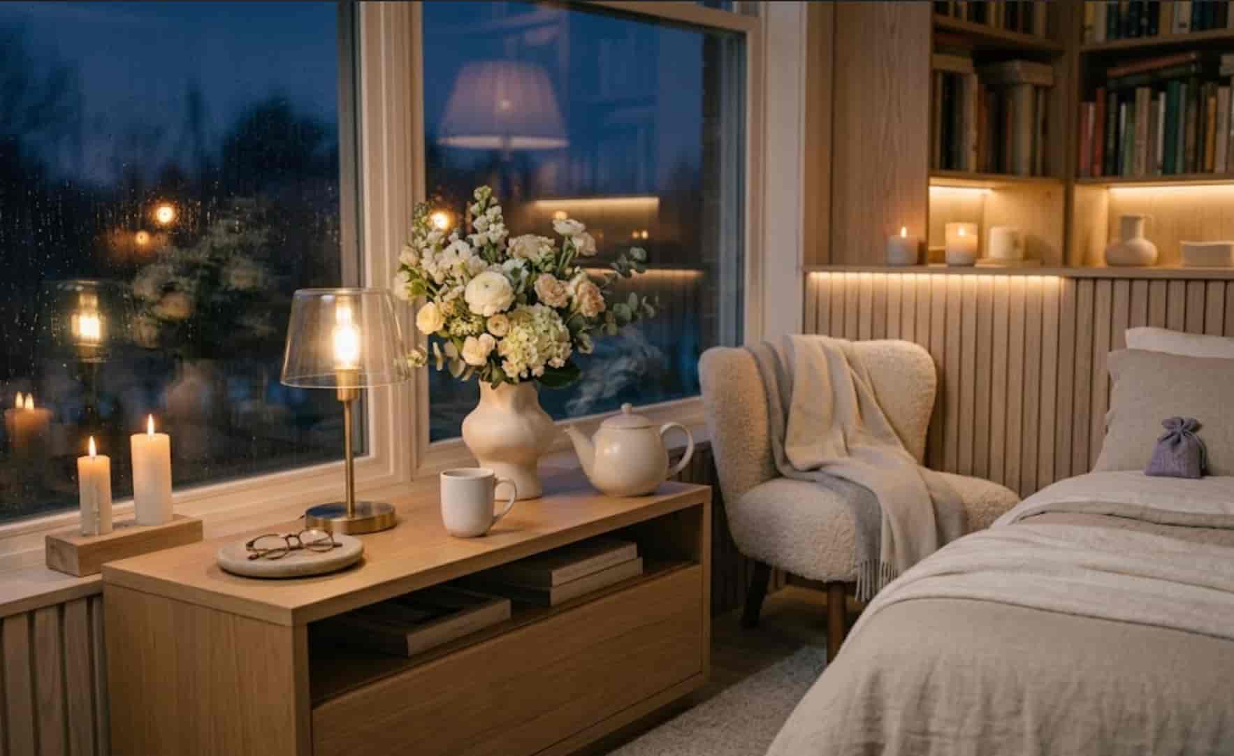 A modern cozy bedside sanctuary with fresh flowers, steaming tea, lit candles, and soft textured bouclé furniture in warm evening light