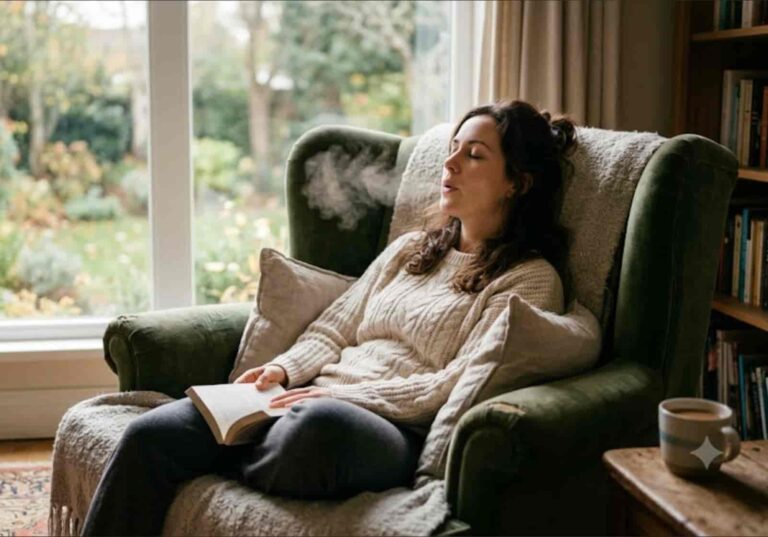A woman sitting peacefully in an armchair by a window, closing her eyes and taking a deep long exhale