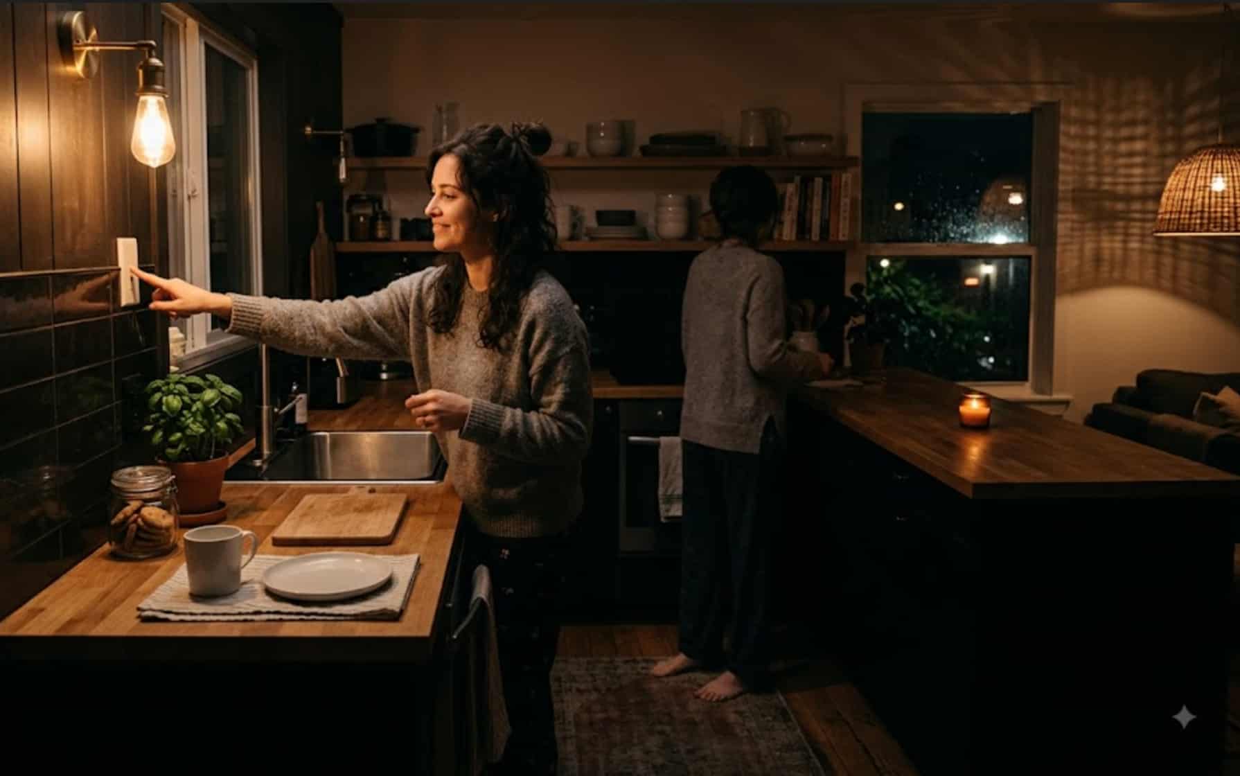 A woman turning off the warm kitchen lamp at night, leaving clean wooden countertops in soft ambient shadows