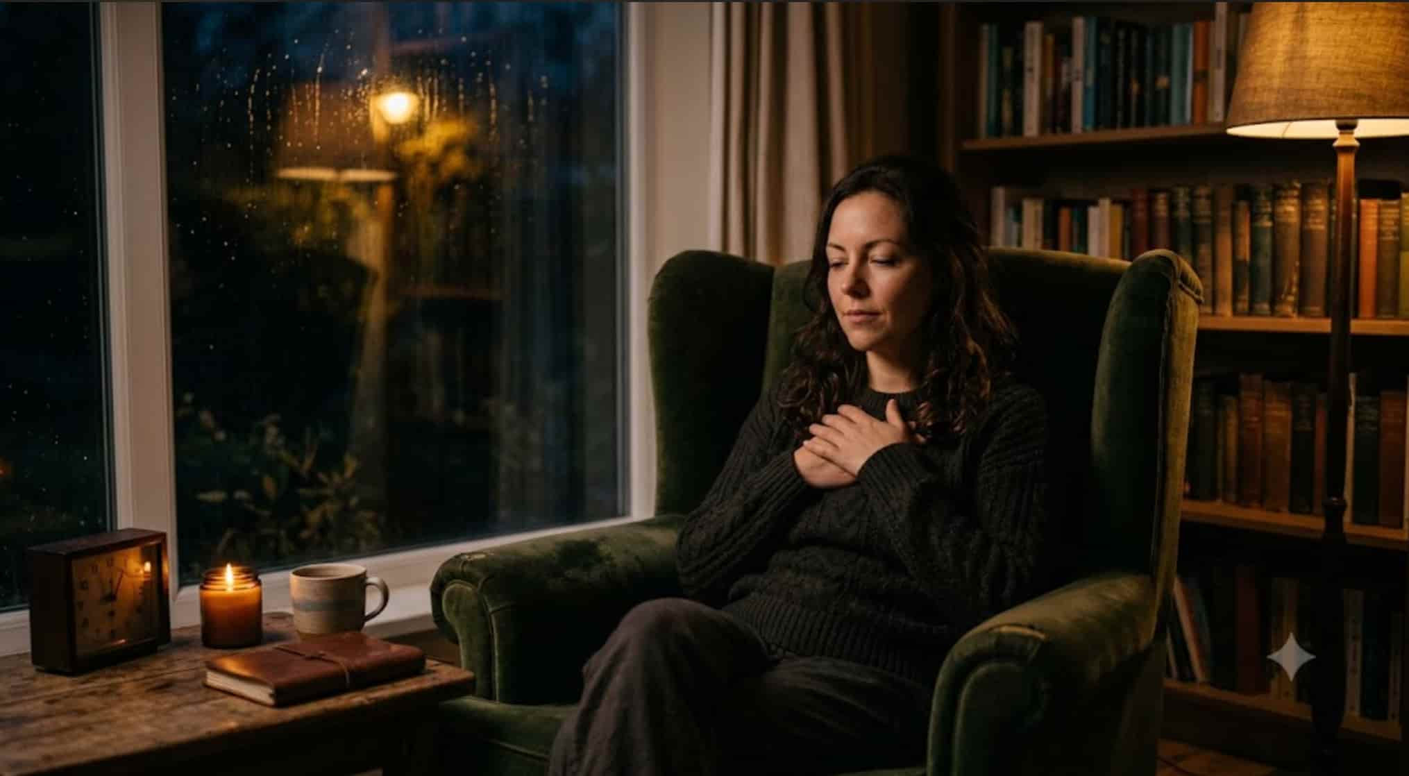 A woman sitting in a cozy dark armchair placing her hands over her chest, eyes gently closed in a dimly lit moody room