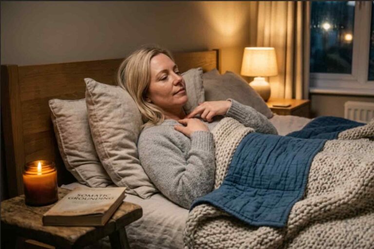 A blonde woman sitting under a duvet in a cozy bedroom, practicing a somatic grounding exercise by gently placing her hand on her collarbone