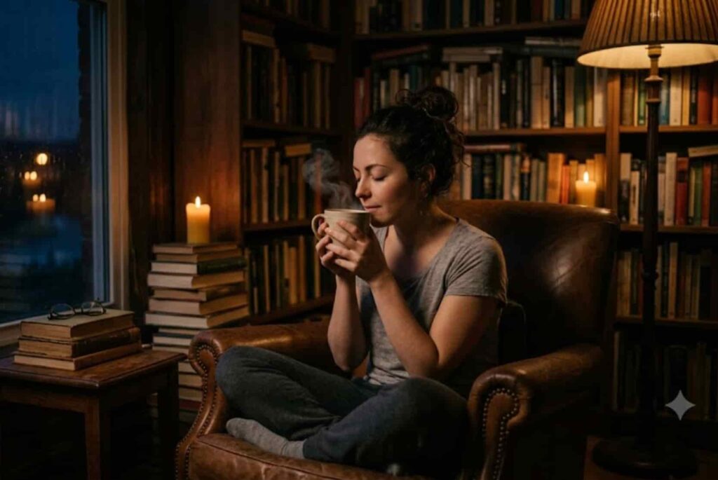 A tired woman sitting cross-legged in a cozy vintage leather armchair with a warm cup of herbal tea during a nighttime wind-down