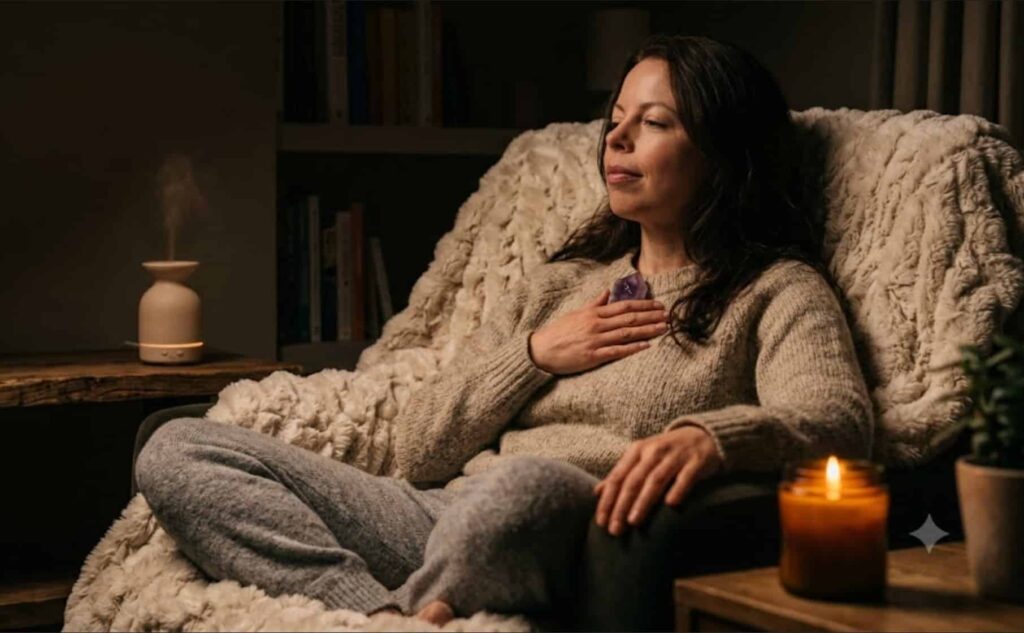 A woman relaxing deeply in a plush armchair wrapped in a soft faux-fur blanket in a dimly lit room with a candle and diffuser