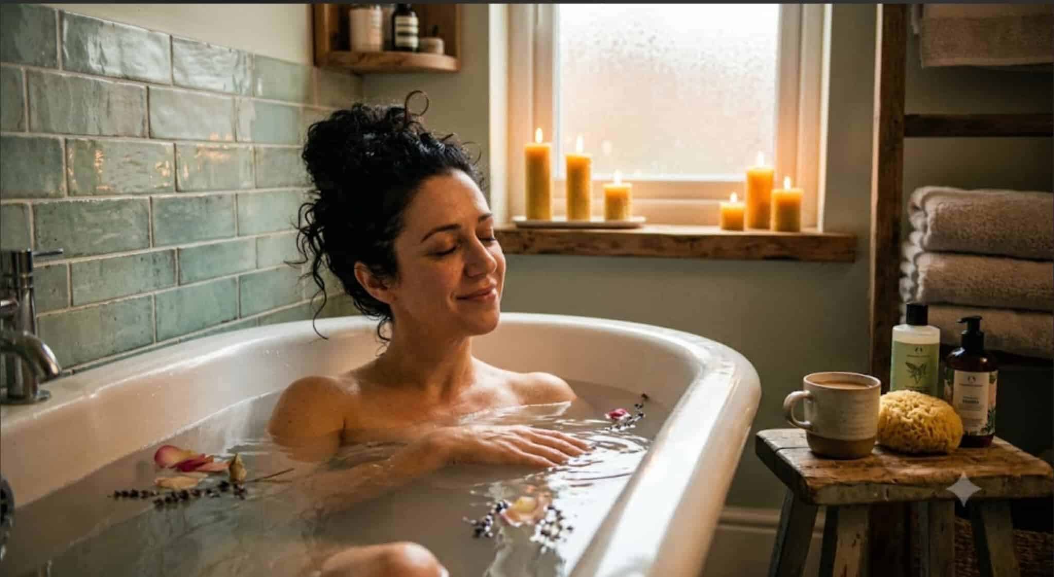 A woman relaxing deeply in a warm bath surrounded by soft candlelight in a tranquil bathroom setting