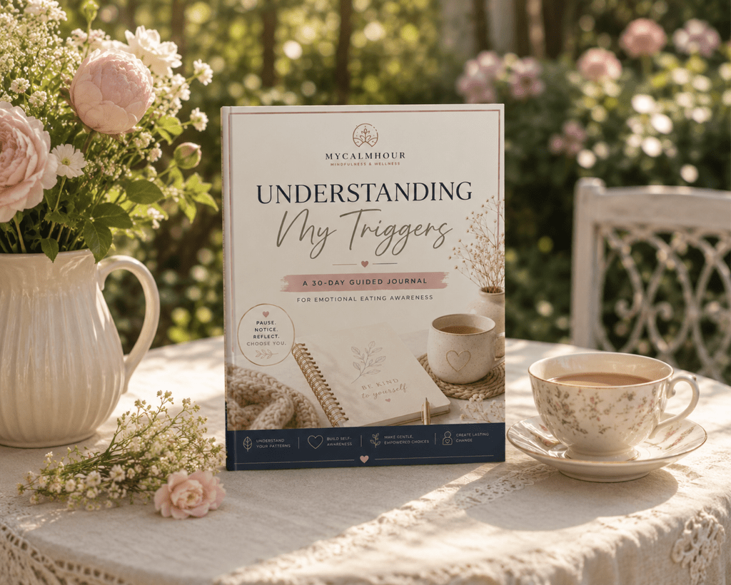 Understanding My Triggers" 30-day guided journal for emotional eating awareness displayed on a cozy outdoor table with flowers and a teacup