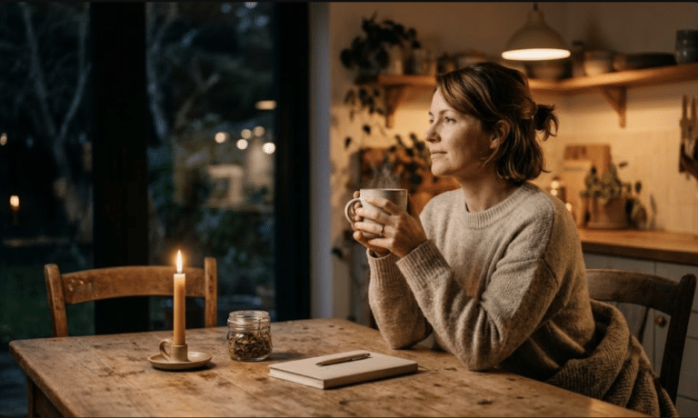 A peaceful photograph illustrating a calm evening alternative to emotional eating. A woman in a soft sweater sits at a rustic wooden table at night, holding a steaming mug with a serene expression. On the table, there is a lit beeswax candle, a jar of herbal tea, and a journal, conveying quiet relaxation and a gentle day-to-night transition.