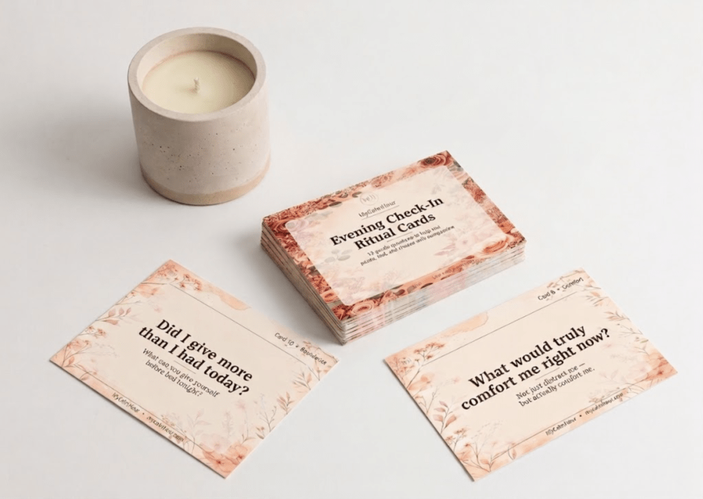 Stack of MyCalmHour Evening Check-In Ritual Cards with two cards spread out beside a candle