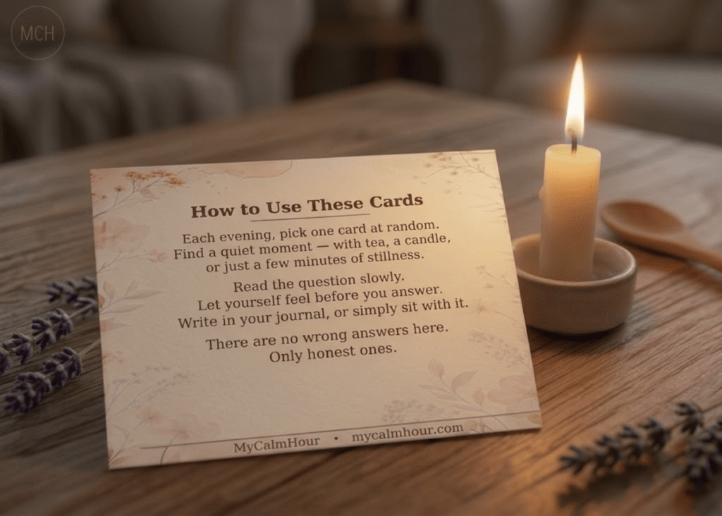 MyCalmHour Evening Check-In Ritual Card with "How to Use These Cards" instructions beside a lit candle and lavender