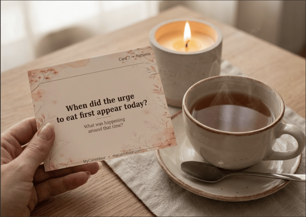Hand holding a MyCalmHour Evening Check-In Ritual Card beside tea and a lit candle