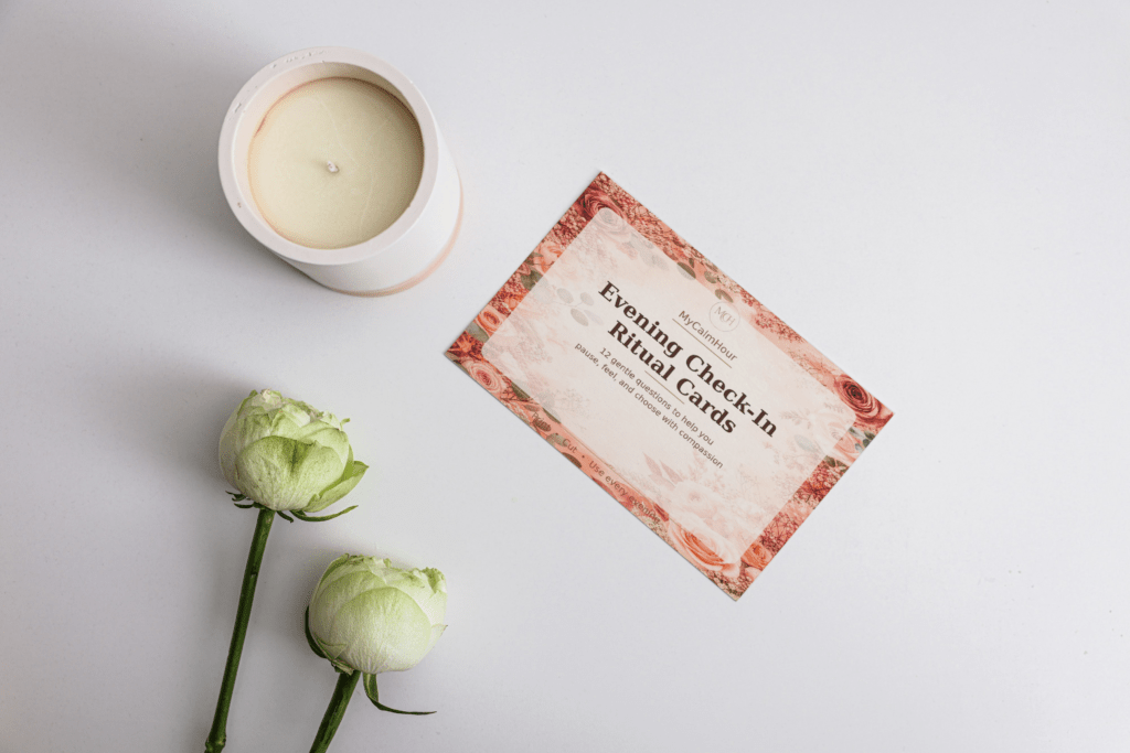 MyCalmHour Evening Check-In Ritual Cards printable next to a candle and white rose buds