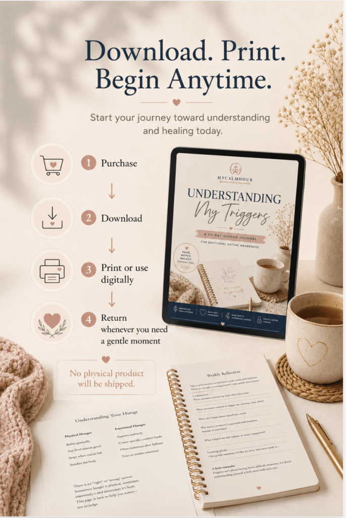 Infographic showing simple 4-step process to purchase, download, print, or use digitally on a tablet with the "Understanding My Triggers" journal mockup.