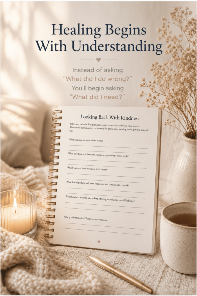 Open printable journal page titled "Looking Back With Kindness" surrounded by warm lighting, candle, and tea on a cozy background.