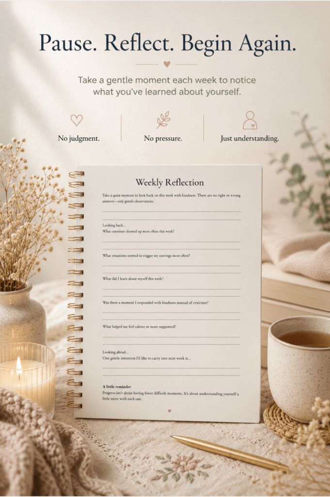 Spiral-bound "Understanding My Triggers" weekly reflection page next to a cup of tea, candle, and soft knit blanket.