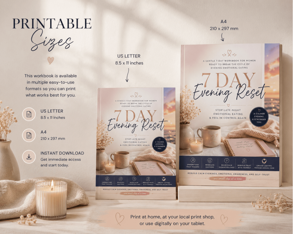 nfographic showing printable PDF sizes for the 7-Day Evening Reset workbook, available in standard A4 ($210 \times 297\text{ mm}$) and US Letter ($8.5 \times 11\text{ inches}$) formats.