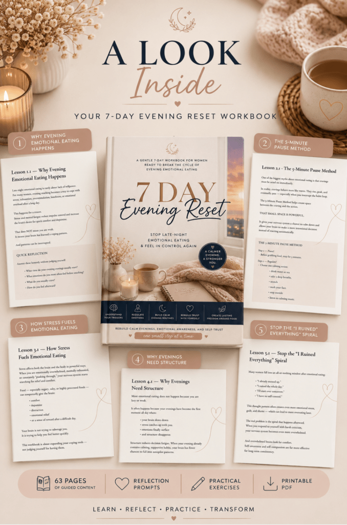 Infographic titled "A Look Inside" displaying sample lesson pages from the 7-Day Evening Reset workbook, including lessons on the 5-Minute Pause Method and stopping the guilt spiral.