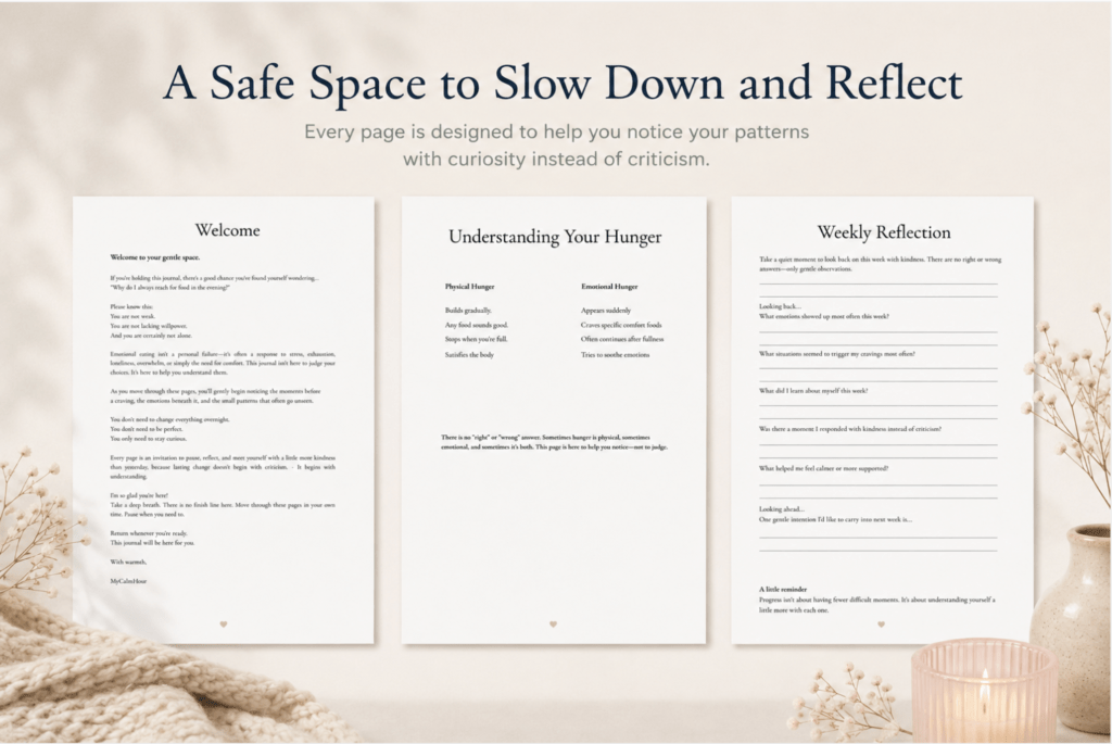 Interior preview of the "Understanding My Triggers" journal showing the Welcome page, Understanding Your Hunger sheet, and Weekly Reflection prompt.