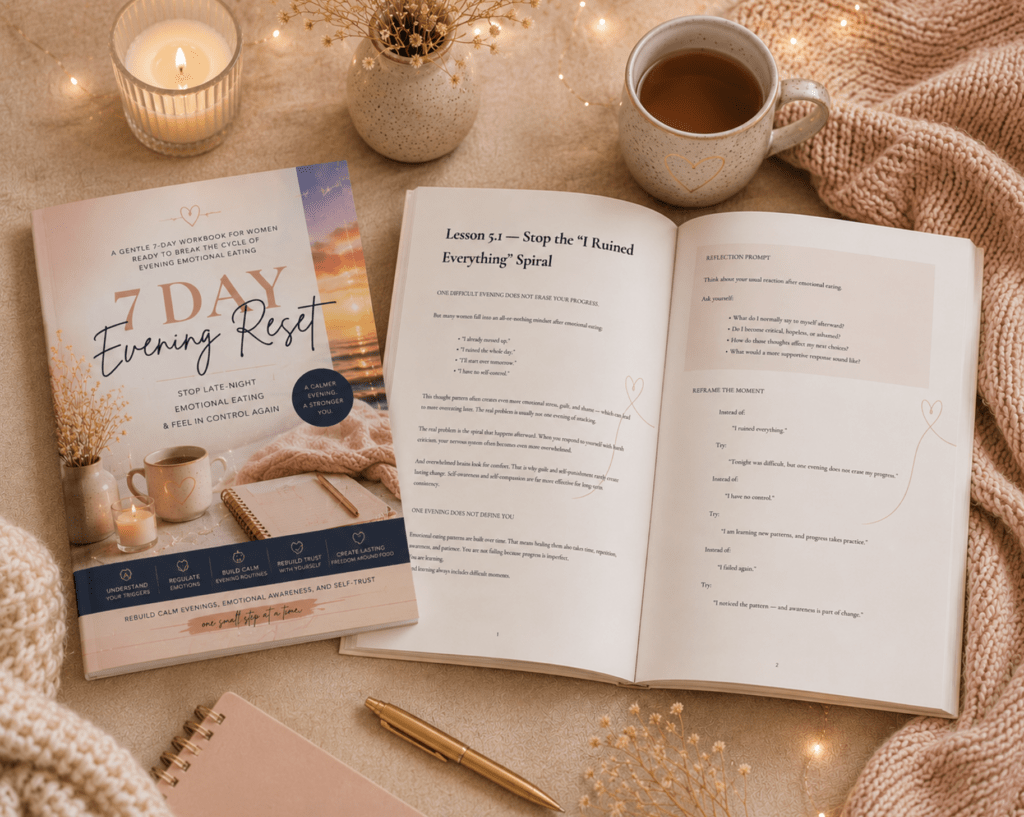 Cozy flatlay showing an open printed copy of the 7-Day Evening Reset workbook alongside a teacup, warm candles, and a notepad on a knit blanket background.